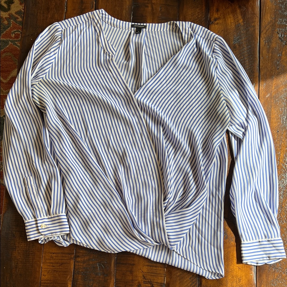 Ann Taylor Navy and White Striped Blouse
